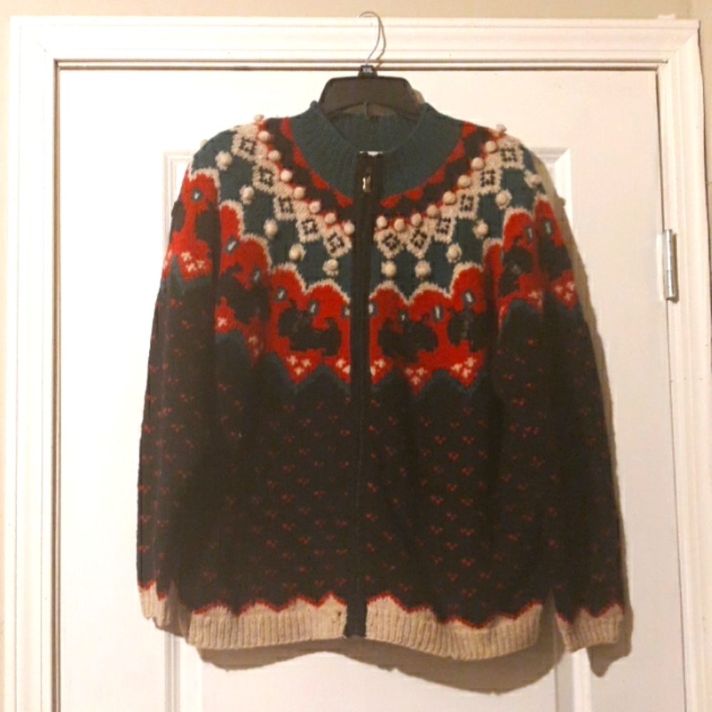 Talbots Sweater Cardigan Scottie Dogs Hand Knit Womens sz M Ski Holliday Wool